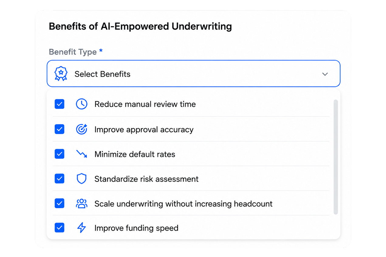 Benefits of AI-empowered underwriting shown in a product interface